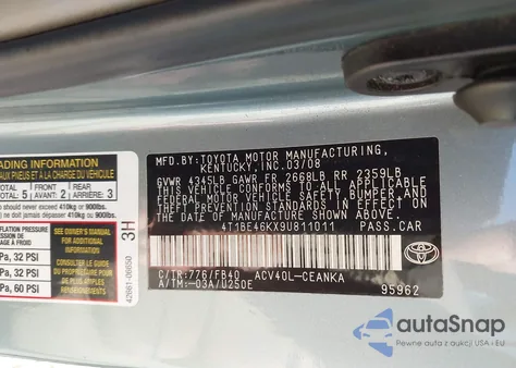 2009 Toyota Camry Le z USA, uszkodzony, nr VIN 4T1BE46KX9U811011